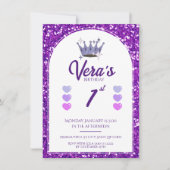 Paarse Prinses Glitter 1e Verjaardagsuitnodiging Kaart (Voorkant)