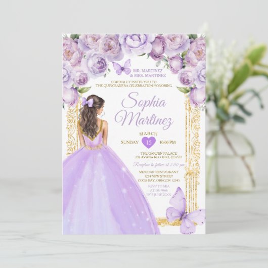 Paarse Prinses Jurken Lavendel Bloemen Mis Quince Kaart (Staand voorkant)