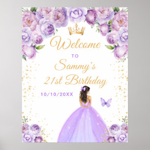 Paarse Prinses met Bruin Haar Verjaardags Welkom Poster