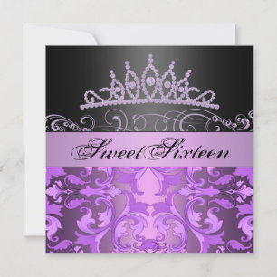 Paarse prinses Sweet16 Damask Birthday Invite Kaart
