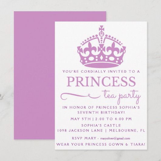 Paarse prinses Tea Party Birthday Uitnodigingen (Voorkant / Achterkant)