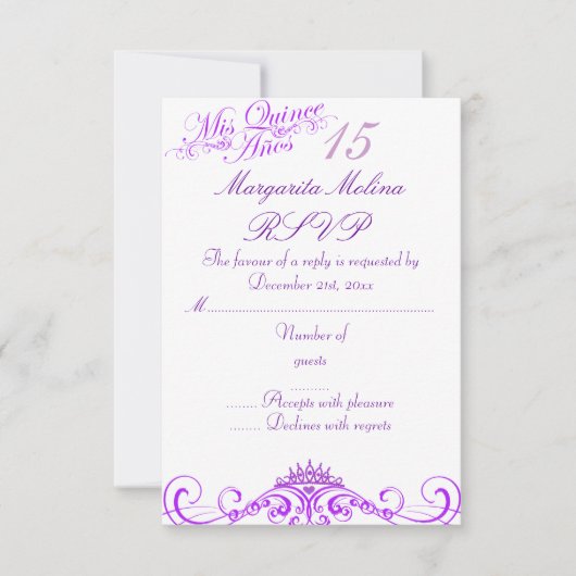 Paarse prinses Tiara Quinceanera RSVP (Voorkant)