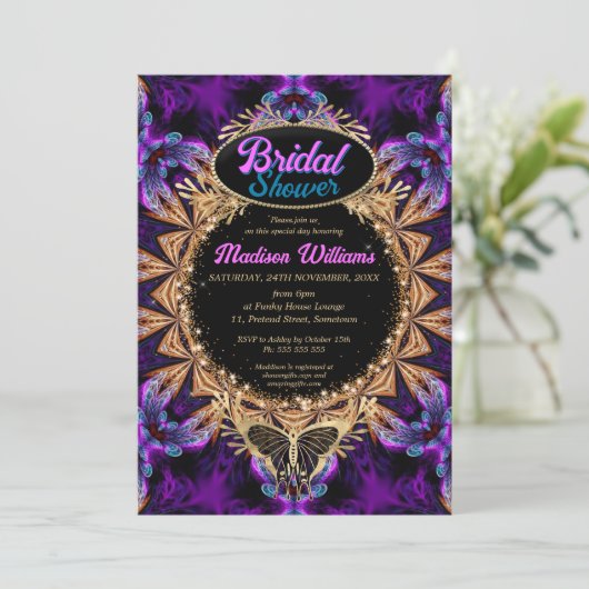 Paarse Prinses Whimsical Bruiloftsfeest Kaart (Staand voorkant)