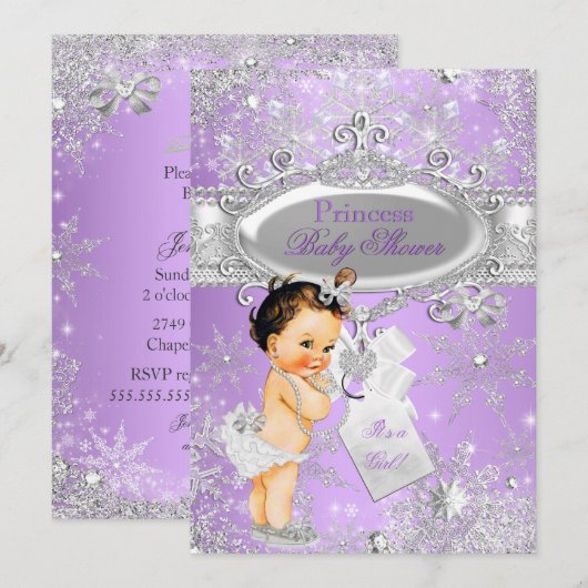 Paarse prinses Winter Baby shower Brunette Kaart (Voorkant / Achterkant)