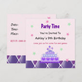 Paarse Prinsessen Taart Feest Uitnodiging (Voorkant / Achterkant)