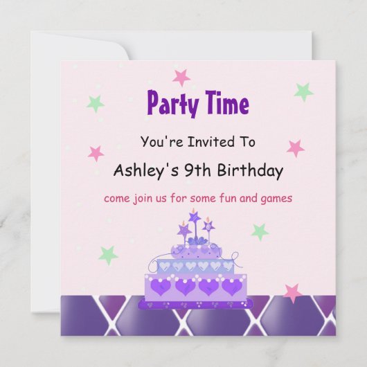 Paarse Prinsessen Taart Feest Uitnodiging (Voorkant)