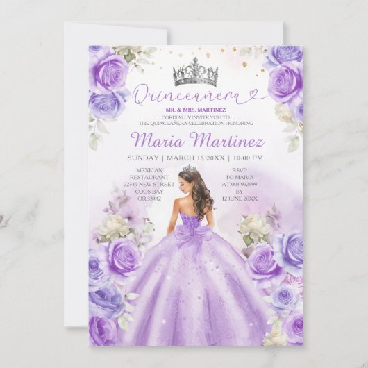 Paarse prinsessenjurken Floral Silver Quinceañera Kaart (Voorkant)
