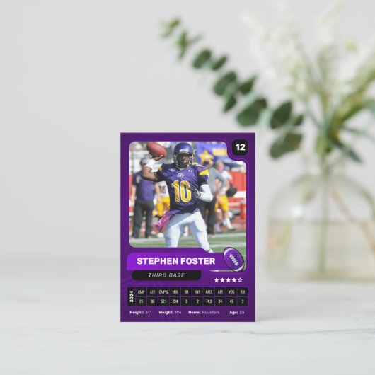 Paarse Pro Amerikaanse Football Player Trading Kaa Contactkaartje (Staand voorkant)