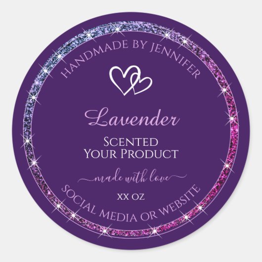 Paarse Product Verpakkingslabels met Glitter Stars Ronde Sticker (Voorkant)