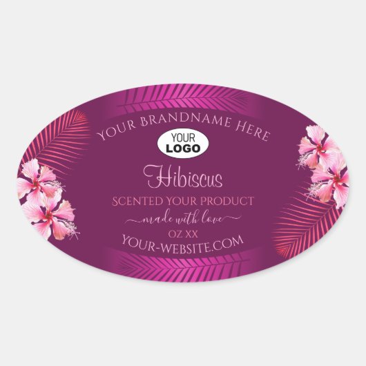 Paarse productlabels Roze Hawaii-bloemen toevoegen Ovale Sticker (Voorkant)