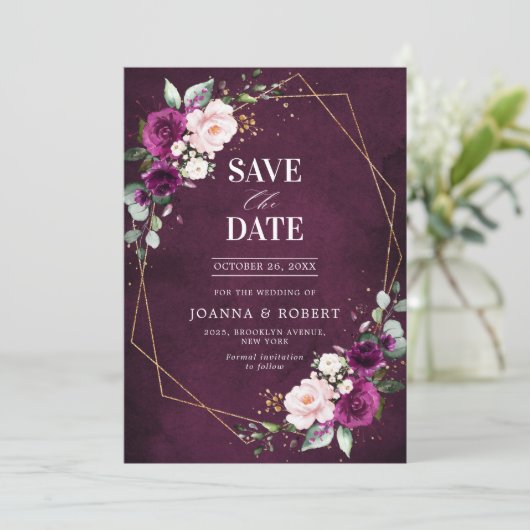 Paarse pruim Blozend Roze Roos Boho Geometrische T Save The Date (Staand voorkant)