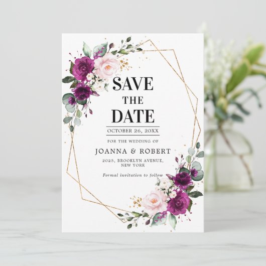 Paarse pruim Blozend Roze Roos Boho Geometrische T Save The Date (Staand voorkant)