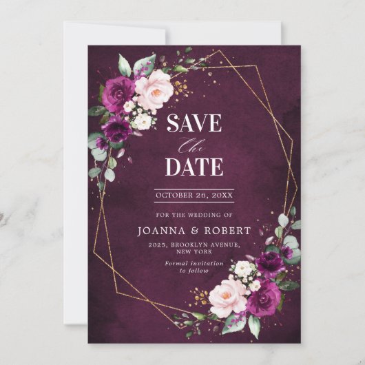 Paarse pruim Blozende Roze Roos Boho Geometrische Save The Date (Voorkant)