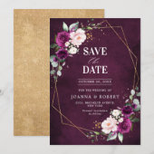 Paarse pruim Blozende Roze Roos Boho Geometrische Save The Date (Voorkant / Achterkant)