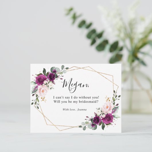 Paarse pruim blush roze rozen geometrische bruidsm briefkaart (Staand voorkant)