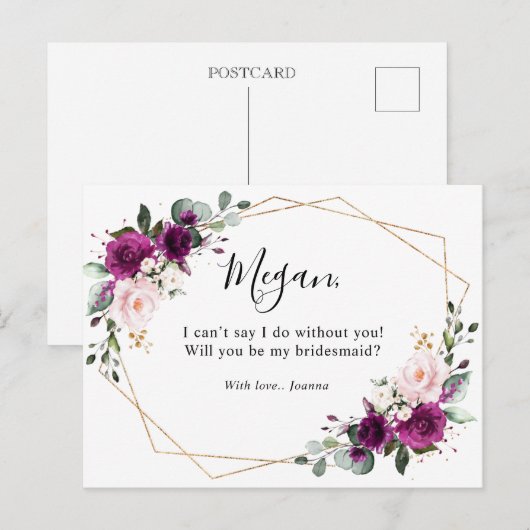 Paarse pruim blush roze rozen geometrische bruidsm briefkaart (Voorkant / Achterkant)