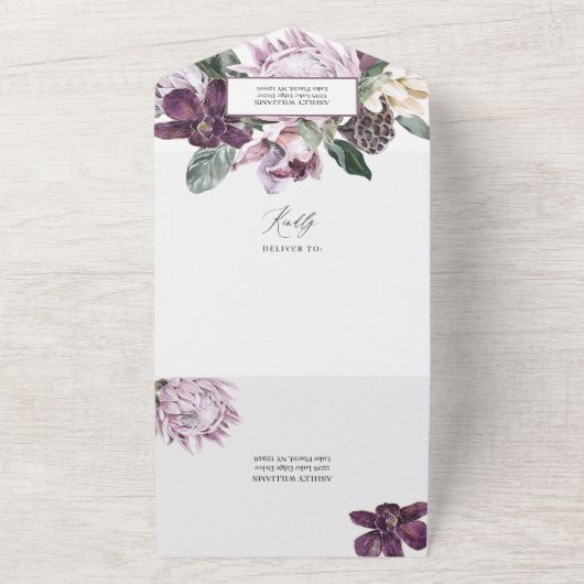 Paarse pruim boho luxe tropische bloemenbruiloft all in one uitnodiging (Buitenkant)