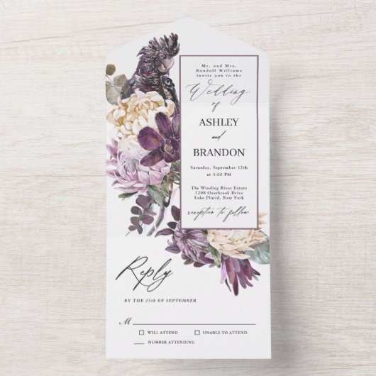Paarse pruim boho luxe tropische bloemenbruiloft all in one uitnodiging (Binnen)