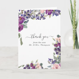 Paarse, pruim- en blozende bloemen trouwfoto bedankkaart