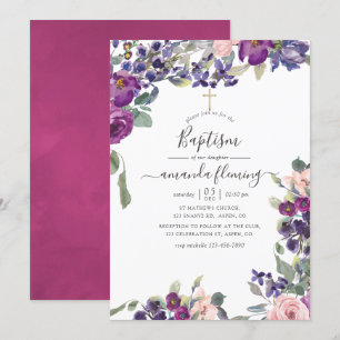 Paarse, pruim en blozende bloemen voor de doop kaart