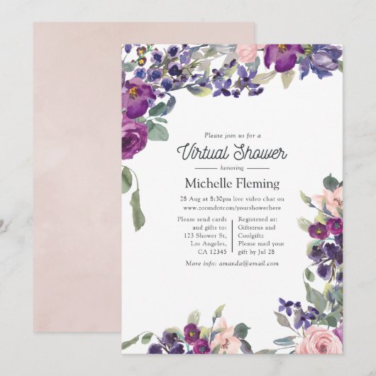 Paarse, Pruim en Blush Virtuele Baby Shower Kaart (Voorkant / Achterkant)