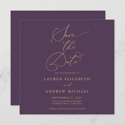 Paarse Pruim Gouden Minimalistische Bewaar de Datu Kaart (Voorkant / Achterkant)