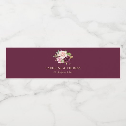 paarse pruim & perzik bloemenbruiloft waterfles etiket (Enkel label)