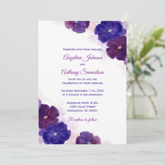 Paarse Pruim Royal Blue Waterverf Bloemenbruiloft Kaart (Staand voorkant)