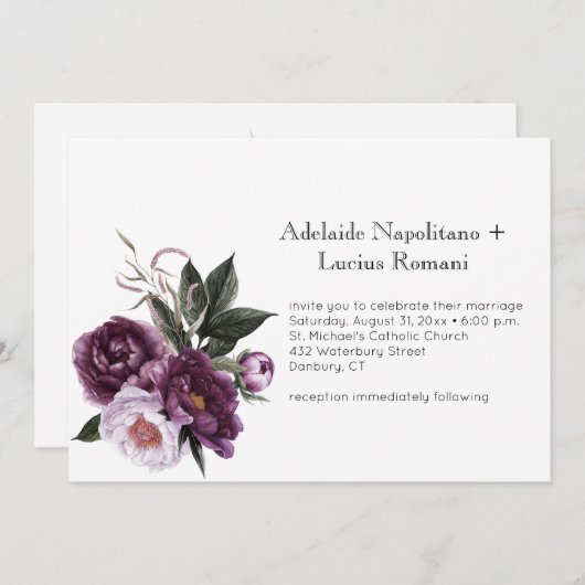 Paarse Pruim Roze Bloemen Waterverf Bruiloft | Kaart (Voorkant / Achterkant)