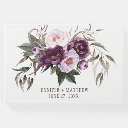 Paarse pruim roze pioenen groen bruiloft gastenboek (Voorkant)