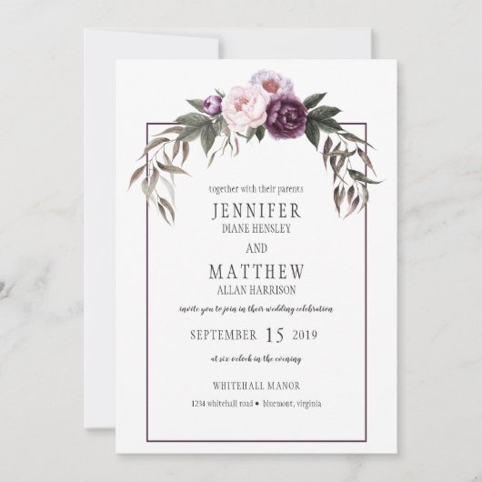 Paarse pruim roze pioenen Waterverf bruiloften #1 Kaart (Voorkant)