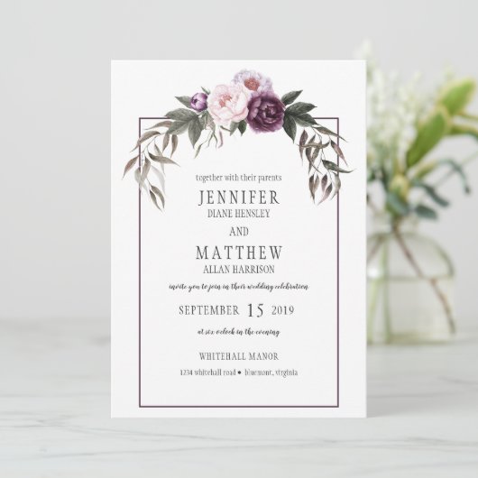 Paarse pruim roze pioenen Waterverf bruiloften #1 Kaart (Staand voorkant)