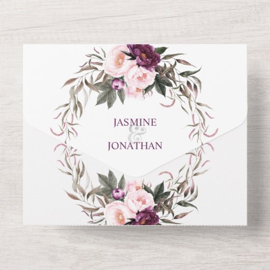 Paarse pruim roze pioenrozen bloemige bruiloft | all in one uitnodiging (Achterkant)