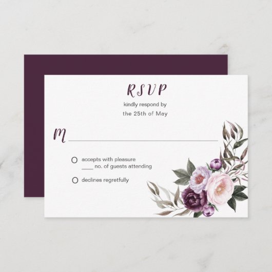 Paarse Pruim Roze Pioenrozen Boeket Groen RSVP #2 (Voorkant / Achterkant)