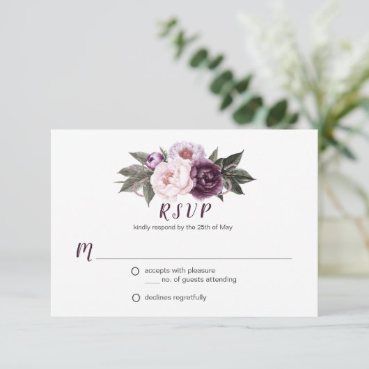 Paarse Pruim Roze Pioenrozen Boeket Groen RSVP #3 (Staand voorkant)