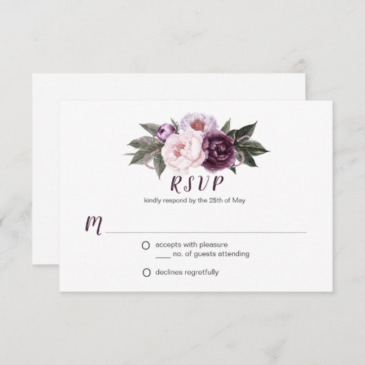 Paarse Pruim Roze Pioenrozen Boeket Groen RSVP #3 (Voorkant / Achterkant)