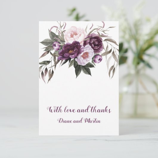 Paarse pruim roze pioenrozen bruiloft dank u bedankkaart (Staand voorkant)