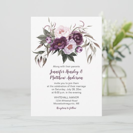 Paarse pruim roze Waterverf bloemenbruiloft #3 Kaart (Staand voorkant)