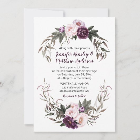 Paarse pruim roze Waterverf pioenrozen bruiloft #2 Kaart (Voorkant)