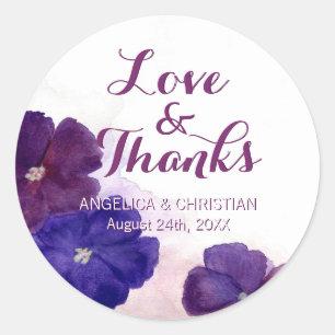 Paarse Pruim Violet Bloemen Bruiloft Liefde & Beda Ronde Sticker