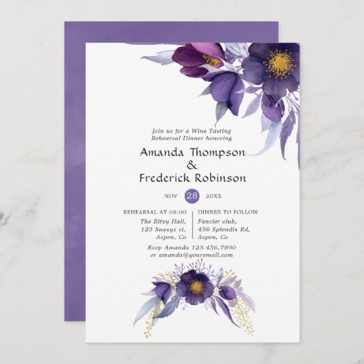 Paarse Pruim Waterverf Bloemstuk Rehearsal Dinner Kaart (Voorkant / Achterkant)