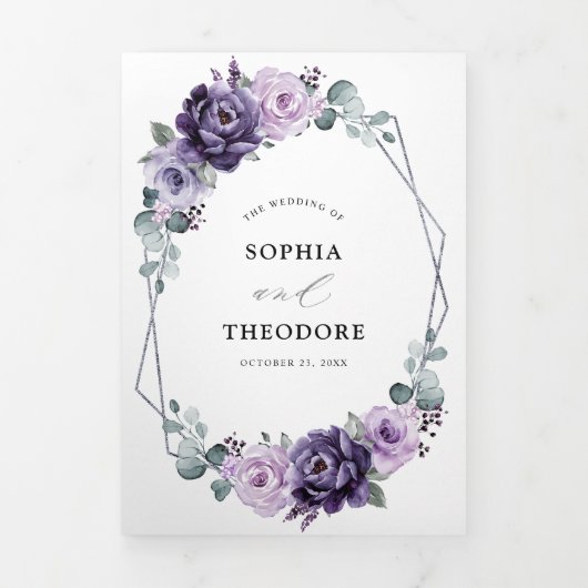 Paarse Pruim Zilveren Bloemen Geometrische Bruilof Drieluik Aankondiging (Cover)