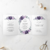 Paarse Pruim Zilveren Bloemen Geometrische Bruilof Drieluik Aankondiging (Binnen)