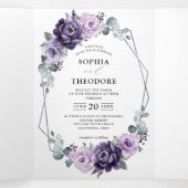 Paarse Pruim Zilveren Bloemen Geometrische Bruilof Drieluik Aankondiging (Binnenkant midden)