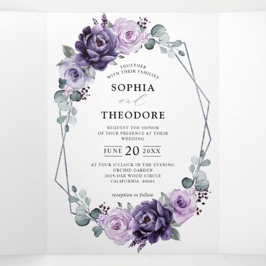 Paarse Pruim Zilveren Bloemen Geometrische Bruilof Drieluik Aankondiging (Binnenkant midden)