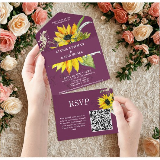 Paarse Pruim Zonnebloem QR Code All In One Uitnodiging