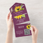 Paarse Pruim Zonnebloem QR Code All In One Uitnodiging (Afscheurbaar)