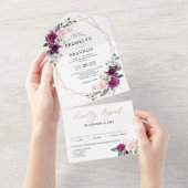 Paarse pruimroze rozen Geometrische bruiloft All In One Uitnodiging (Afscheurbaar)