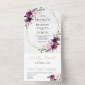 Paarse pruimroze rozen Geometrische bruiloft All In One Uitnodiging (Binnen)