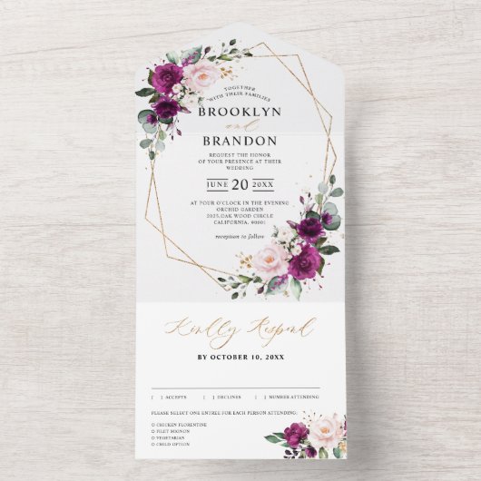 Paarse pruimroze rozen Geometrische bruiloft All In One Uitnodiging (Binnen)